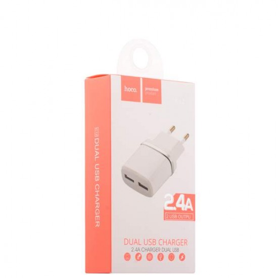 Адаптер питания Hoco C12 Smart dual USB charger Apple&Android (2USB: 5V max 2.4A) Белый