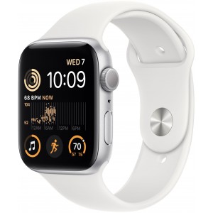 Apple Watch Series SE-2 (2022) 44mm Silver (серебристый) со спортивным ремешком белого цвета